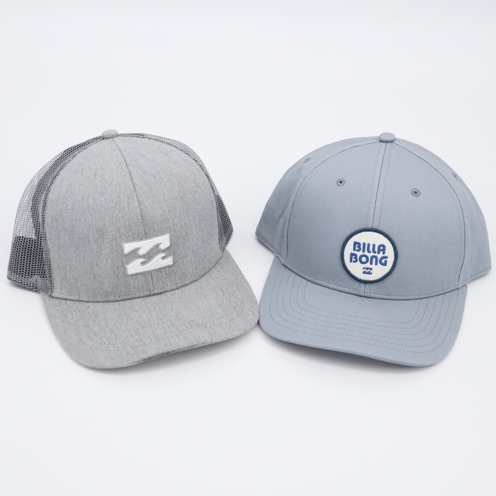 Billabong Snapback Hat Bundle OSFM Gray Trucker Mesh Twill Logo Caps Lot of 2